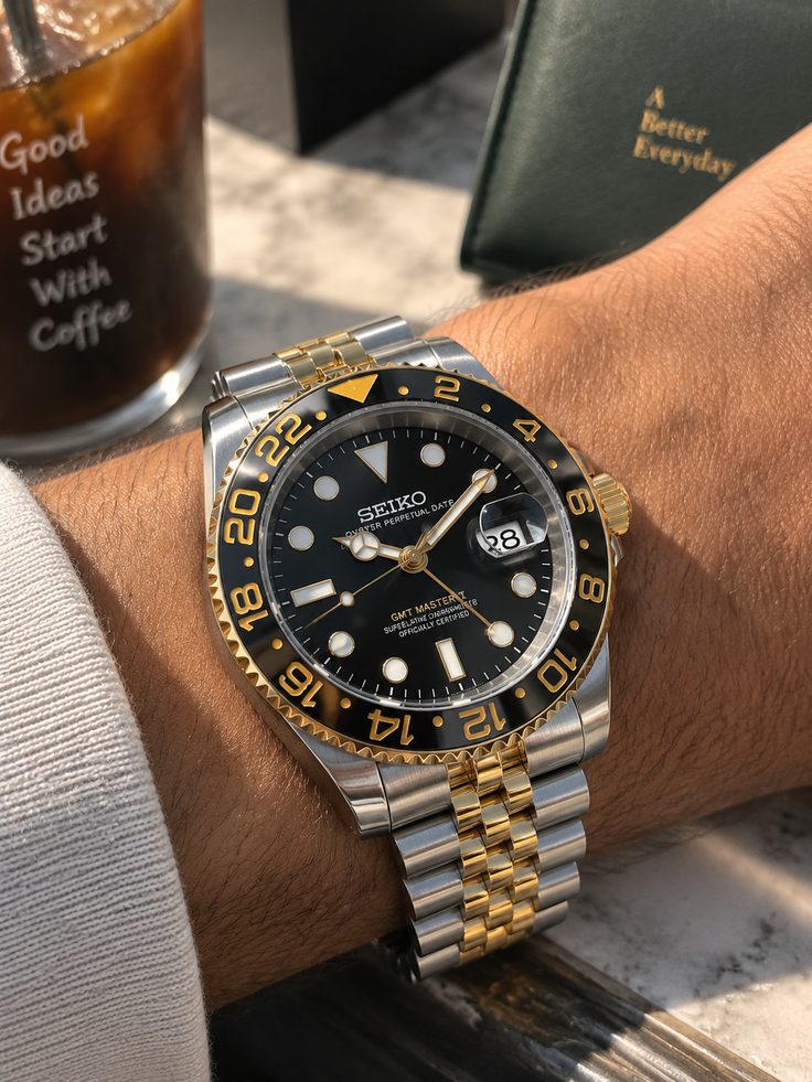 GMT lunette noire et or, bracelet jubilé deux tons